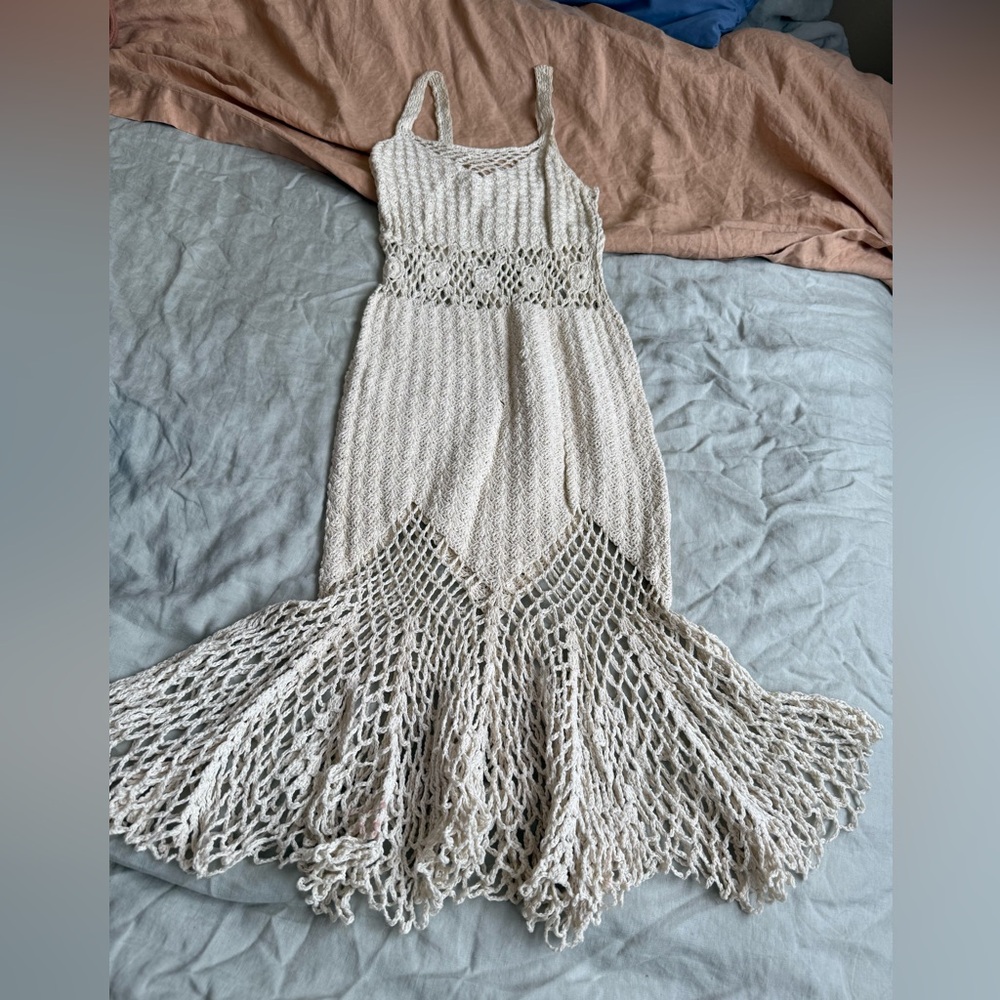 Crochet Knit Maxi Dress in Cream